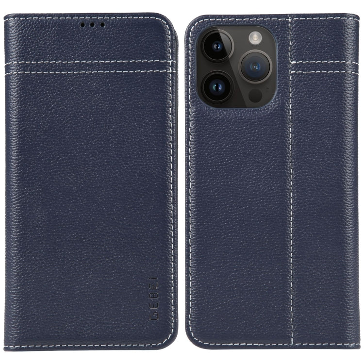 For iPhone 15 Pro Max GEBEI Top-grain Horizontal Flip Leather Phone Case(Blue) by GEBEI