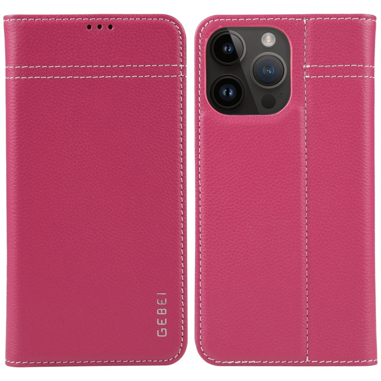 For iPhone 15 Pro Max GEBEI Top-grain Horizontal Flip Leather Phone Case(Rose Red) by GEBEI