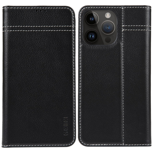 For iPhone 15 Pro GEBEI Top-grain Horizontal Flip Leather Phone Case(Black) by GEBEI