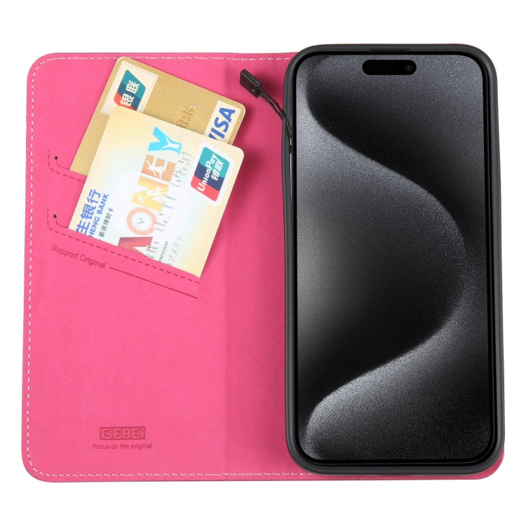 For iPhone 15 Pro GEBEI Top-grain Horizontal Flip Leather Phone Case(Rose Red) by GEBEI