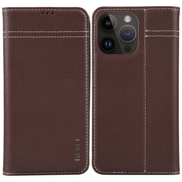 For iPhone 15 Pro GEBEI Top-grain Horizontal Flip Leather Phone Case(Brown) by GEBEI