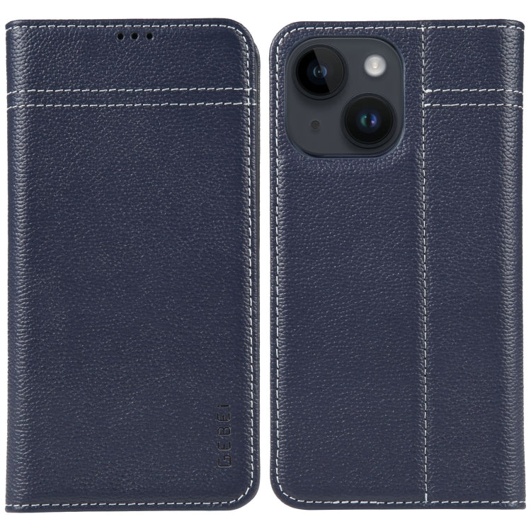 For iPhone 15 Plus GEBEI Top-grain Horizontal Flip Leather Phone Case(Blue) by GEBEI