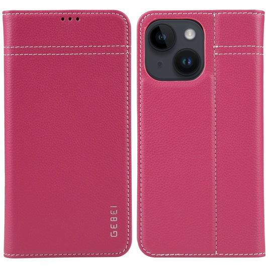 For iPhone 15 Plus GEBEI Top-grain Horizontal Flip Leather Phone Case(Rose Red) by GEBEI