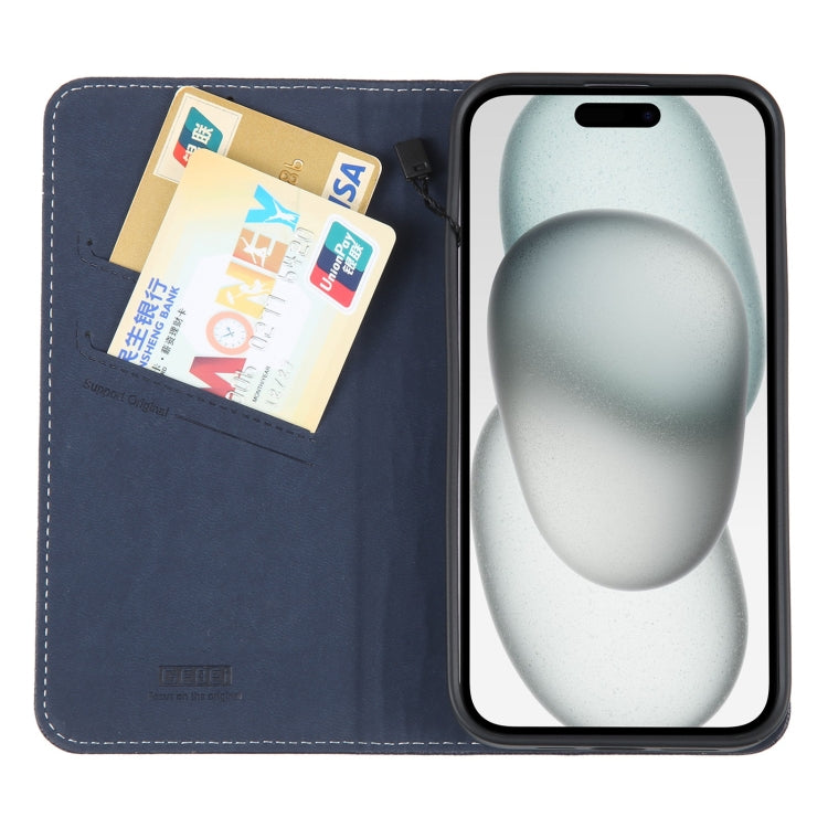 For iPhone 15 GEBEI Top-grain Horizontal Flip Leather Phone Case(Blue) by GEBEI