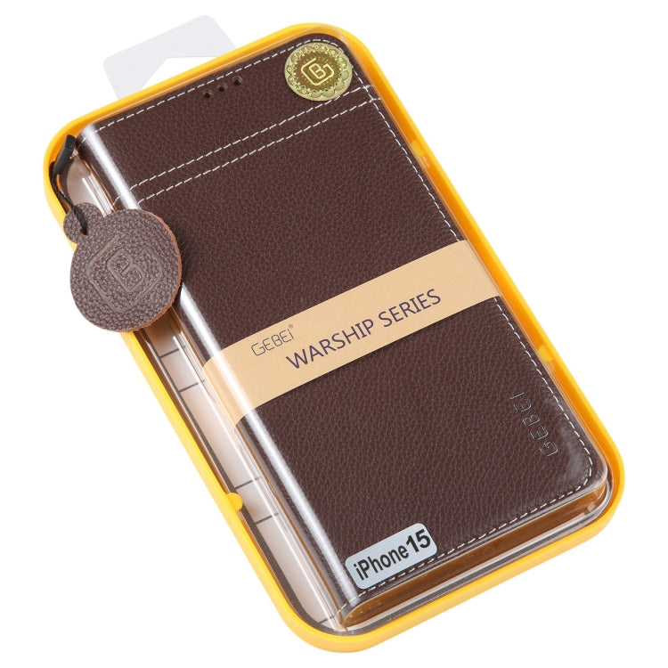 For iPhone 15 GEBEI Top-grain Horizontal Flip Leather Phone Case(Brown) by GEBEI