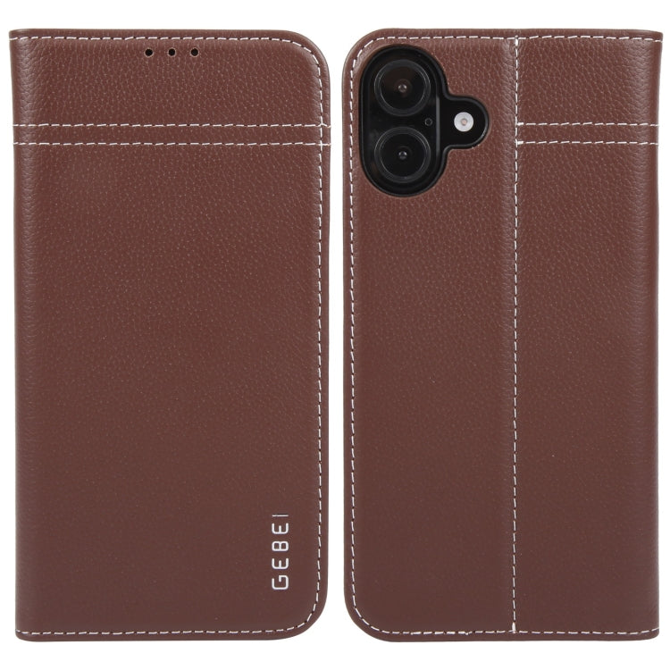 For iPhone 16 GEBEI Top-grain Horizontal Flip Leather Phone Case(Brown) by GEBEI