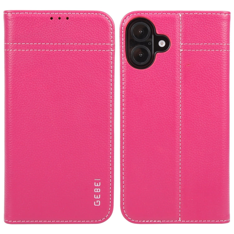 For iPhone 16 Plus GEBEI Top-grain Horizontal Flip Leather Phone Case(Rose Red) by GEBEI