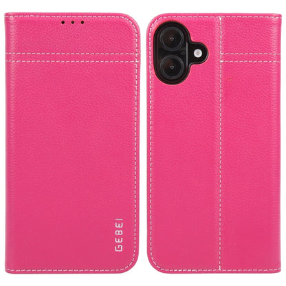 For iPhone 16 Plus GEBEI Top-grain Horizontal Flip Leather Phone Case(Rose Red) by GEBEI