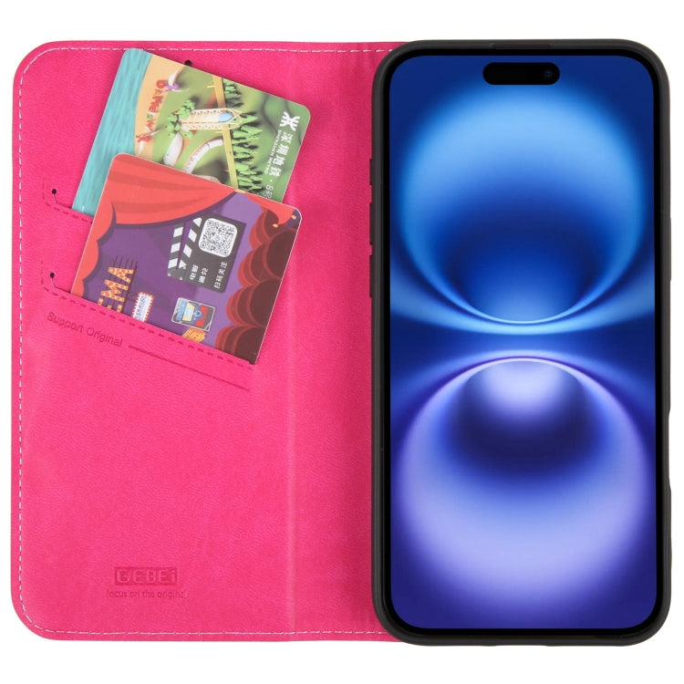 For iPhone 16 Plus GEBEI Top-grain Horizontal Flip Leather Phone Case(Rose Red) by GEBEI