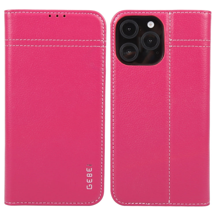 For iPhone 16 Pro GEBEI Top-grain Horizontal Flip Leather Phone Case(Rose Red) by GEBEI