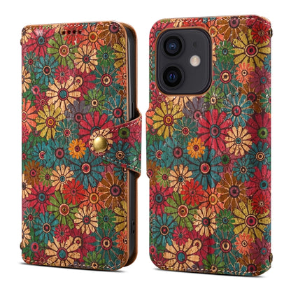 For iPhone 12 Denior Flower Language Series Cork Fabric Oil Edge Leather Phone Case(Spring) by Denior