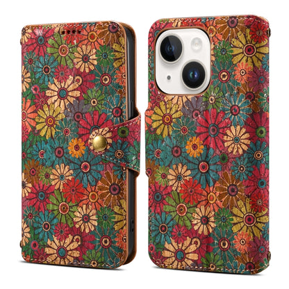 For iPhone 14 Denior Flower Language Series Cork Fabric Oil Edge Leather Phone Case(Spring) by Denior
