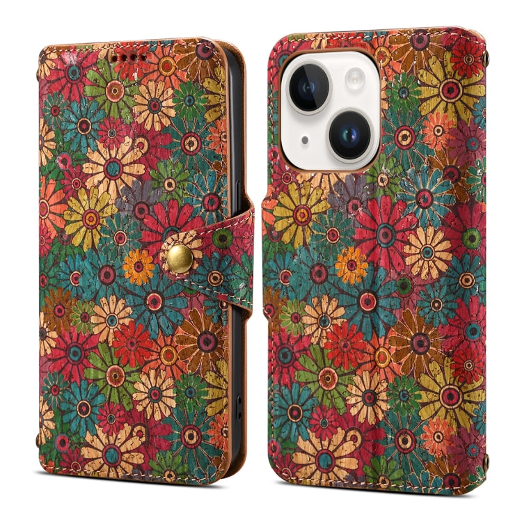 For iPhone 14 Plus Denior Flower Language Series Cork Fabric Oil Edge Leather Phone Case(Spring) by Denior