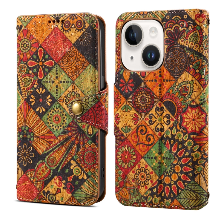 For iPhone 14 Plus Denior Flower Language Series Cork Fabric Oil Edge Leather Phone Case(Autumn) by Denior