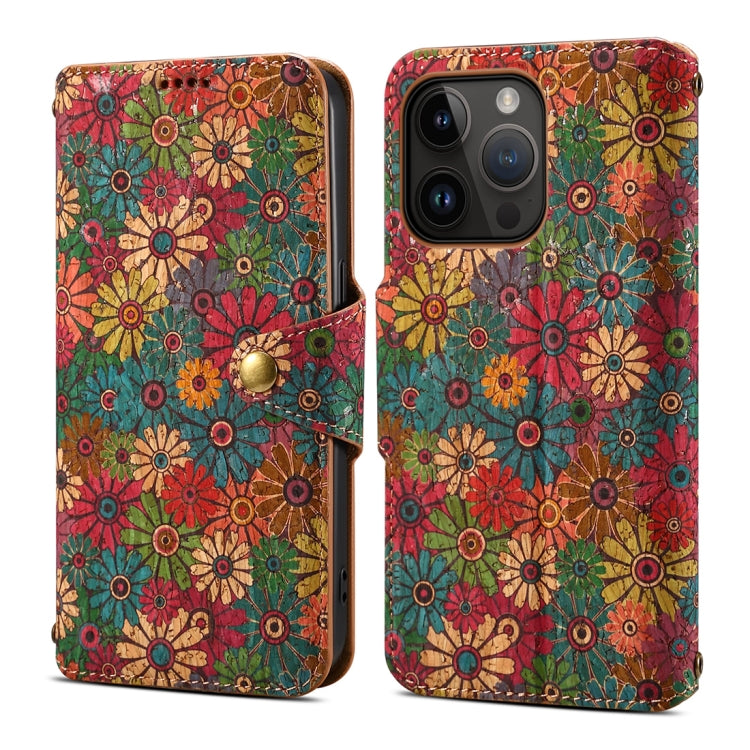 For iPhone 14 Pro Denior Flower Language Series Cork Fabric Oil Edge Leather Phone Case(Spring) by Denior