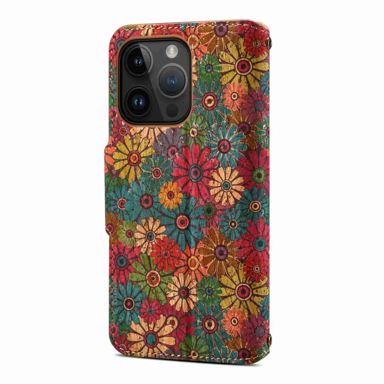 For iPhone 15 Denior Flower Language Series Cork Fabric Oil Edge Leather Phone Case(Spring) by Denior