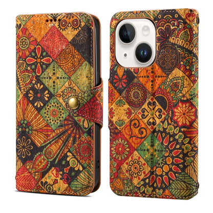 For iPhone 15 Denior Flower Language Series Cork Fabric Oil Edge Leather Phone Case(Autumn) by Denior