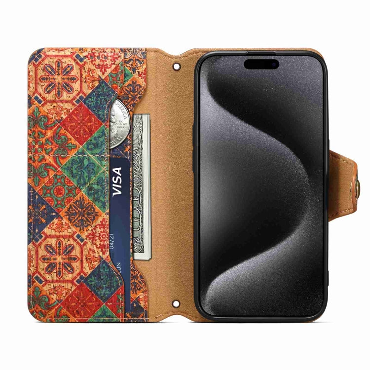 For iPhone 15 Denior Flower Language Series Cork Fabric Oil Edge Leather Phone Case(Winter) by Denior