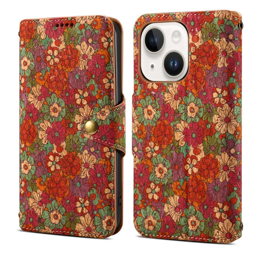For iPhone 15 Plus Denior Flower Language Series Cork Fabric Oil Edge Leather Phone Case(Summer) by Denior