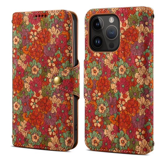 For iPhone 15 Pro Max Denior Flower Language Series Cork Fabric Oil Edge Leather Phone Case(Summer) by Denior