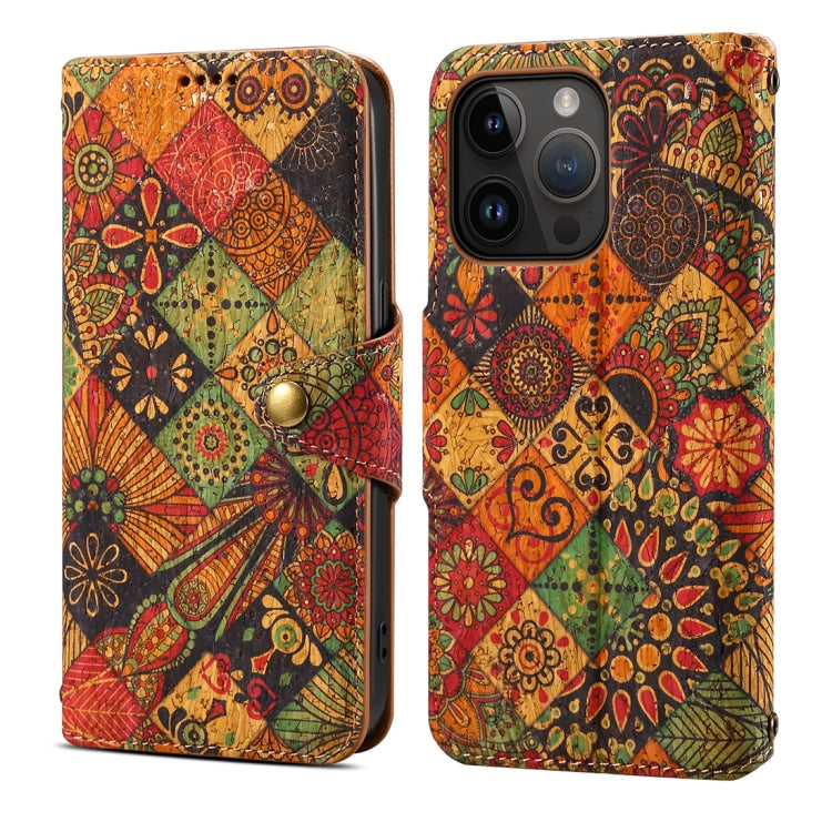 For iPhone 15 Pro Max Denior Flower Language Series Cork Fabric Oil Edge Leather Phone Case(Autumn) by Denior