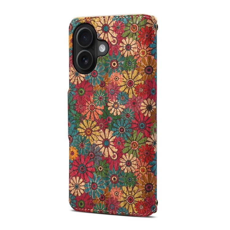 For iPhone 16 Denior Flower Language Series Cork Fabric Oil Edge Leather Phone Case(Spring) by Denior
