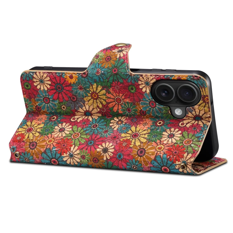 For iPhone 16 Denior Flower Language Series Cork Fabric Oil Edge Leather Phone Case(Spring) by Denior
