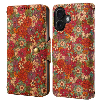 For iPhone 16 Denior Flower Language Series Cork Fabric Oil Edge Leather Phone Case(Summer) by Denior