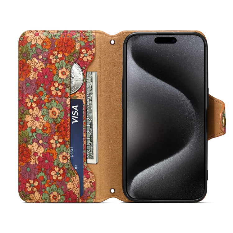 For iPhone 16 Denior Flower Language Series Cork Fabric Oil Edge Leather Phone Case(Summer) by Denior