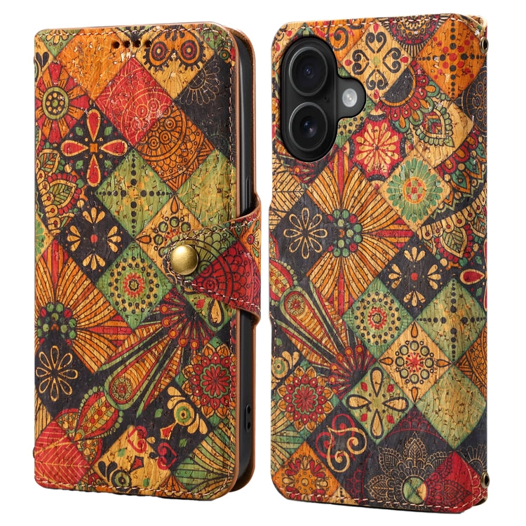 For iPhone 16 Denior Flower Language Series Cork Fabric Oil Edge Leather Phone Case(Autumn) by Denior