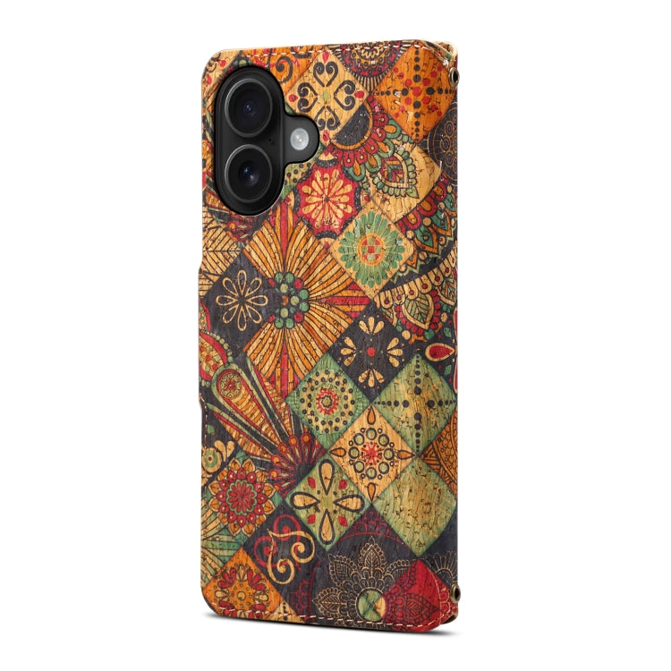 For iPhone 16 Denior Flower Language Series Cork Fabric Oil Edge Leather Phone Case(Autumn) by Denior