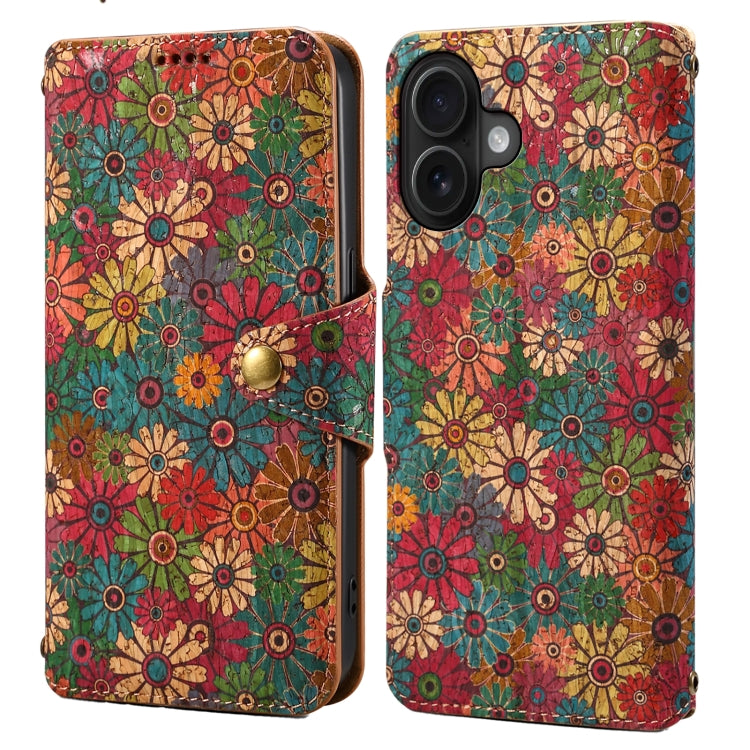 For iPhone 16 Plus Denior Flower Language Series Cork Fabric Oil Edge Leather Phone Case(Spring) by Denior