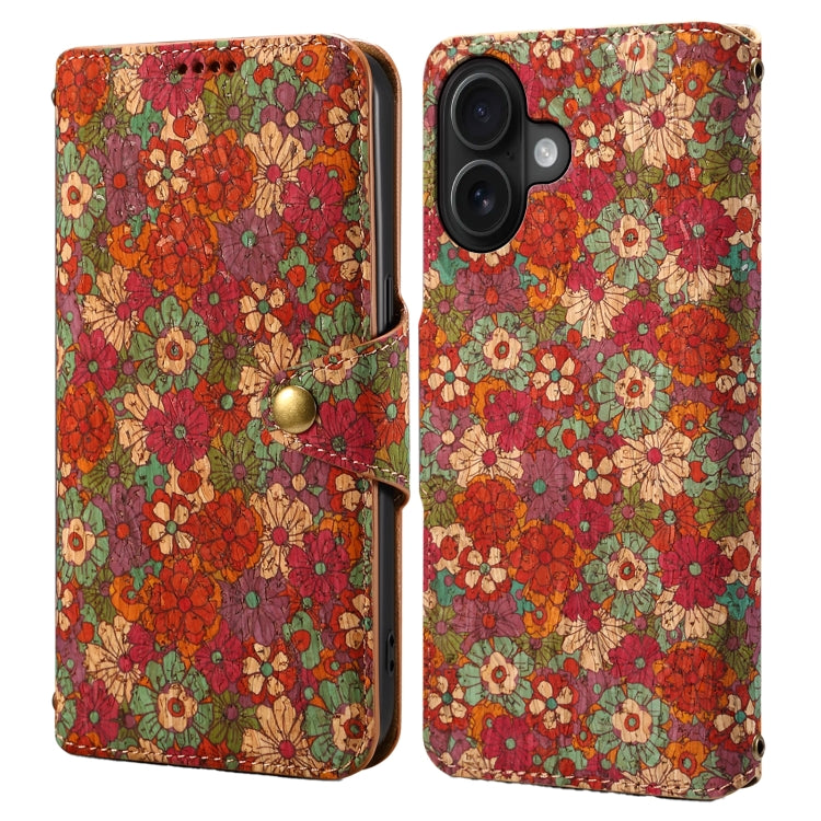 For iPhone 16 Plus Denior Flower Language Series Cork Fabric Oil Edge Leather Phone Case(Summer) by Denior