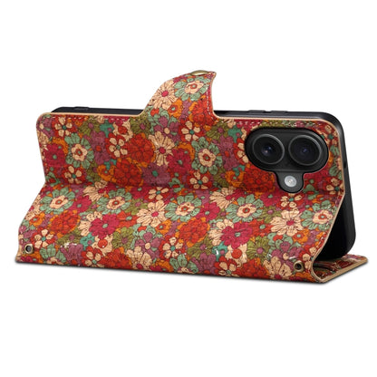 For iPhone 16 Plus Denior Flower Language Series Cork Fabric Oil Edge Leather Phone Case(Summer) by Denior