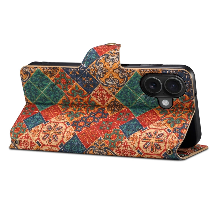 For iPhone 16 Plus Denior Flower Language Series Cork Fabric Oil Edge Leather Phone Case(Winter) by Denior