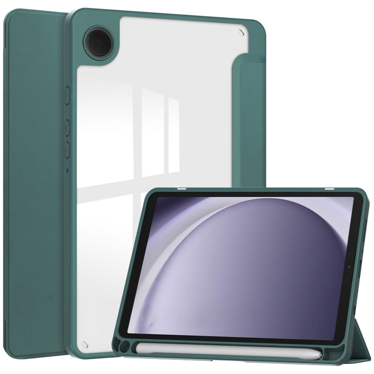 For Samsung Galaxy Tab A11 / A9 Acrylic 3-folding Leather Tablet Case with Pen Slot(Dark Green) by bashfashion