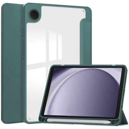 For Samsung Galaxy Tab A11 / A9 Acrylic 3-folding Leather Tablet Case with Pen Slot(Dark Green) by bashfashion