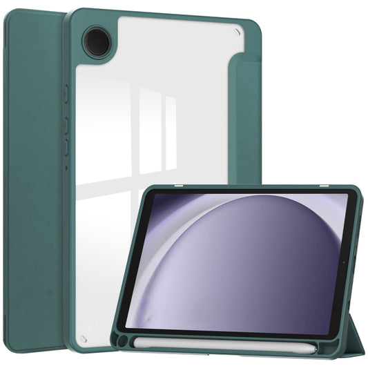 For Samsung Galaxy Tab A11 / A9 Acrylic 3-folding Leather Tablet Case with Pen Slot(Dark Green) by bashfashion