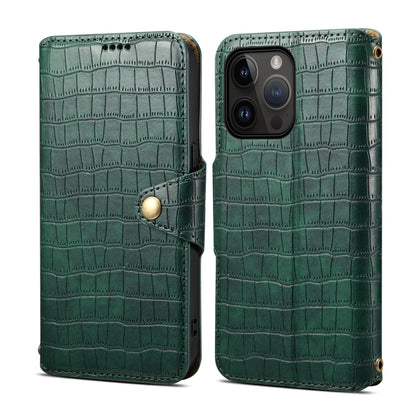 For iPhone 15 Pro Max Denior Crocodile Texture Oil Edge Leather Phone Case(Green) by Denior