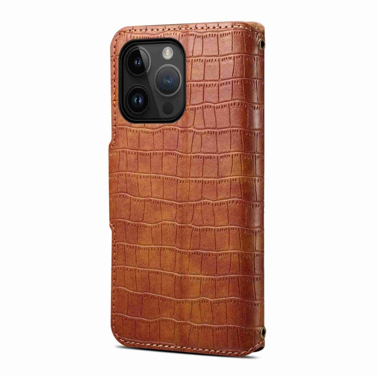 For iPhone 15 Pro Denior Crocodile Texture Oil Edge Leather Phone Case(Brown) by Denior