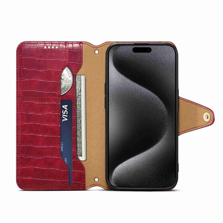 For iPhone 15 Plus Denior Crocodile Texture Oil Edge Leather Phone Case(Rose Red) by Denior
