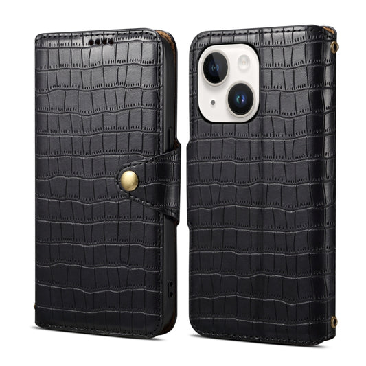 For iPhone 15 Plus Denior Crocodile Texture Oil Edge Leather Phone Case(Black) by Denior