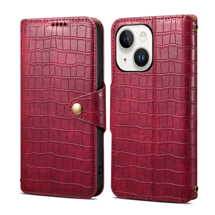 For iPhone 14 Plus Denior Crocodile Texture Oil Edge Leather Phone Case(Rose Red) by Denior