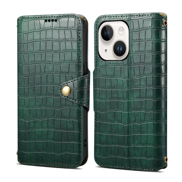 For iPhone 14 Plus Denior Crocodile Texture Oil Edge Leather Phone Case(Green) by Denior
