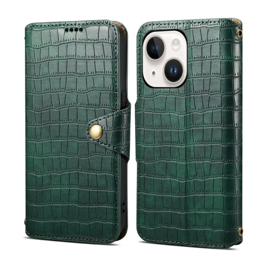For iPhone 14 Plus Denior Crocodile Texture Oil Edge Leather Phone Case(Green) by Denior