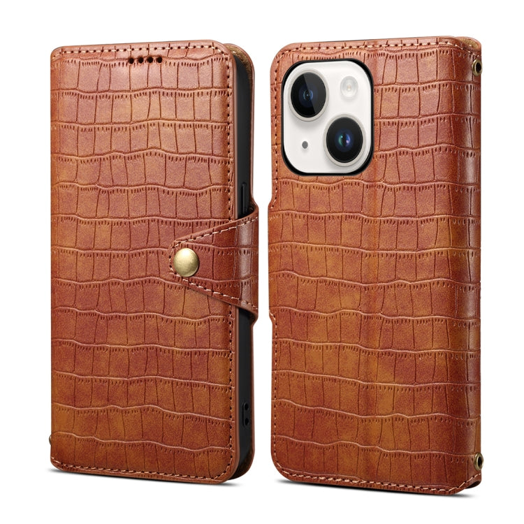 For iPhone 14 Denior Crocodile Texture Oil Edge Leather Phone Case(Brown) by Denior