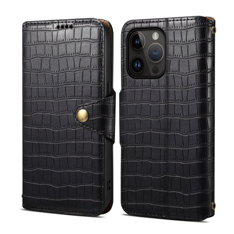 For iPhone 14 Pro Denior Crocodile Texture Oil Edge Leather Phone Case(Black) by Denior