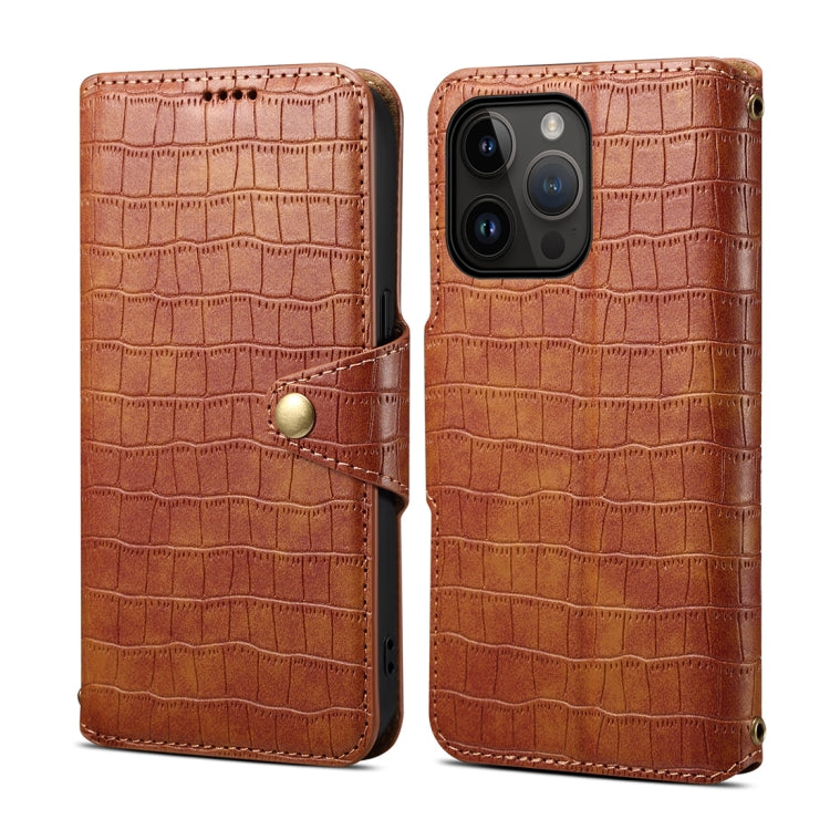 For iPhone 14 Pro Max Denior Crocodile Texture Oil Edge Leather Phone Case(Brown) by Denior
