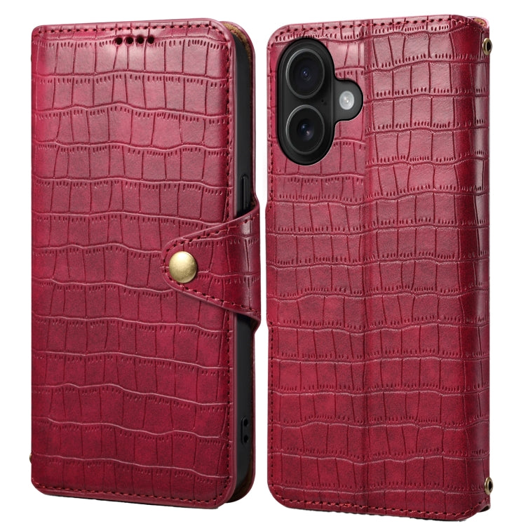 For iPhone 16 Denior Crocodile Texture Oil Edge Leather Phone Case(Rose Red) by Denior