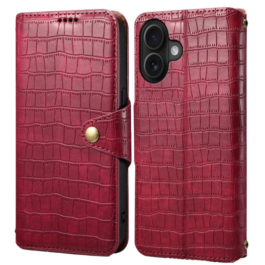 For iPhone 16 Denior Crocodile Texture Oil Edge Leather Phone Case(Rose Red) by Denior